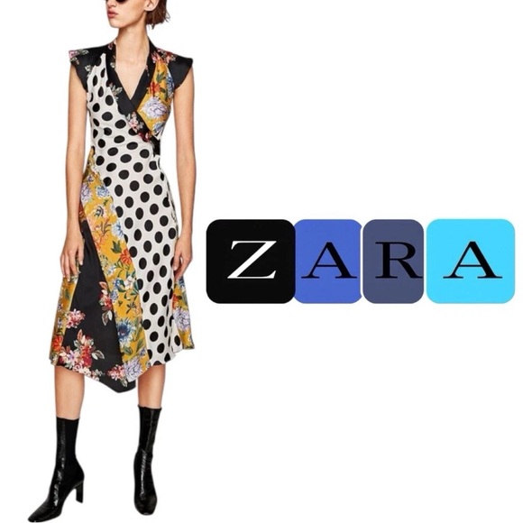 ZARA MULTICOLOR FLORAL AND POLKA DOT CROSSOVER PATCHWORK WRAP DRESS SIZE MEDIUM - Picture 1 of 11